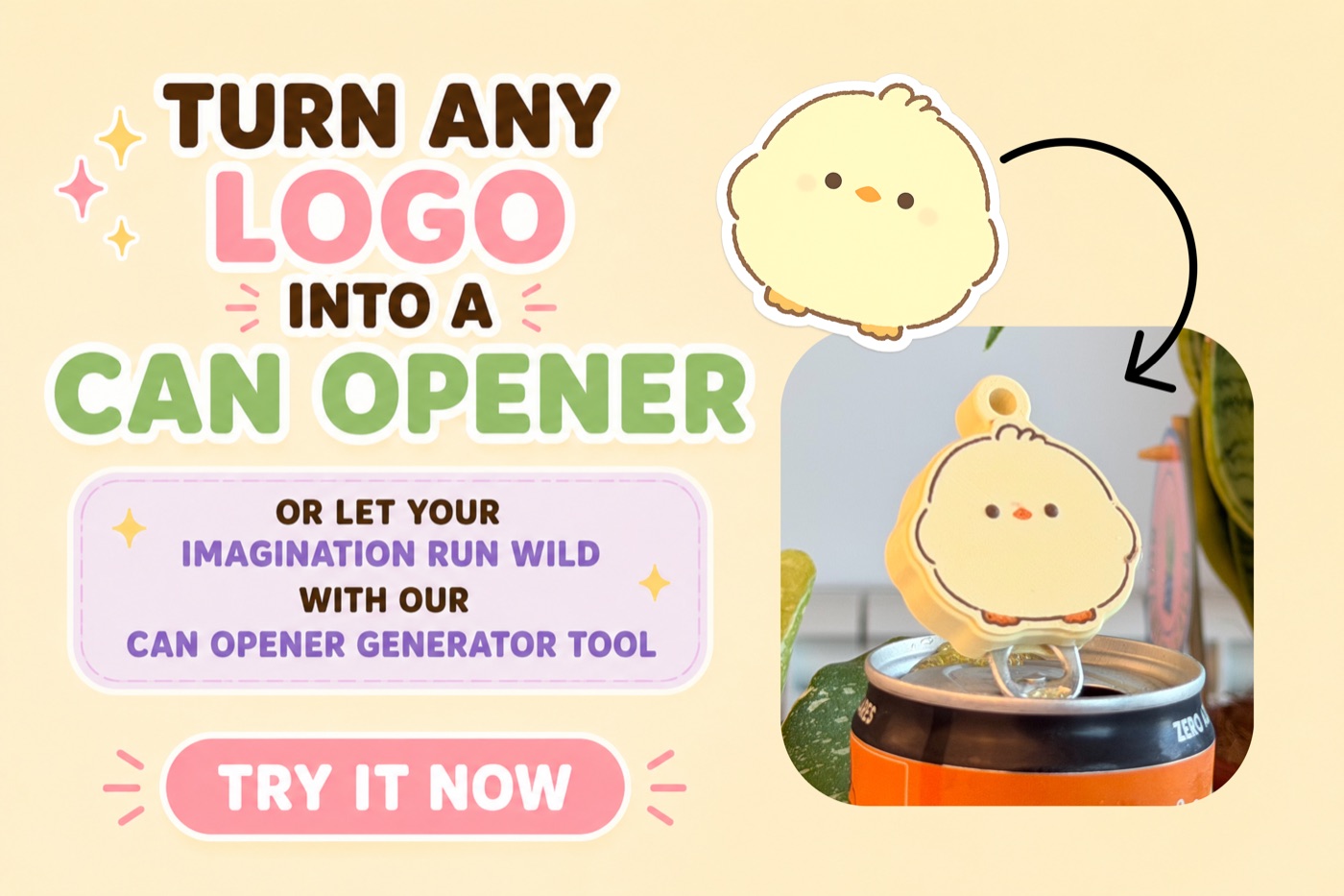 Can Opener Generator app — turn any logo into a 3D printed ring-pull can opener, shown as a cute chick opener on a soda can