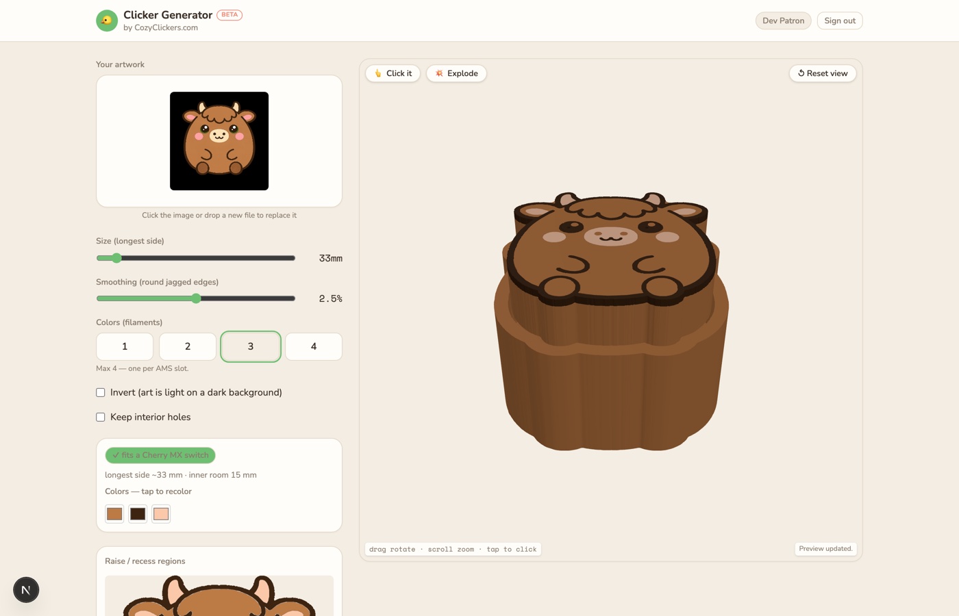 Clicker Generator app — turn any picture into a printable multicolor 3D printed fidget clicker in the browser