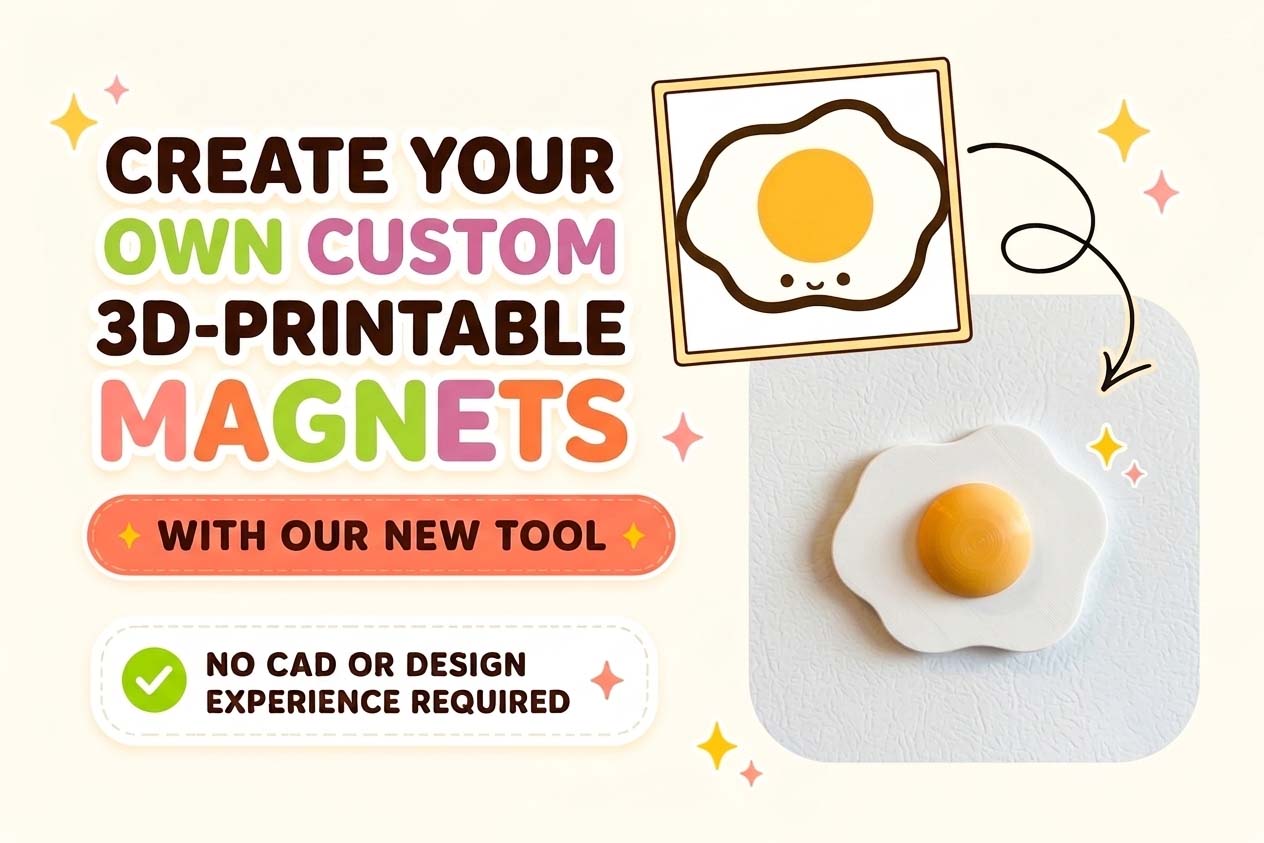 Fridge Magnet Generator app — turn any picture into a 3D printed fridge magnet, shown as a cute fried-egg magnet on a fridge